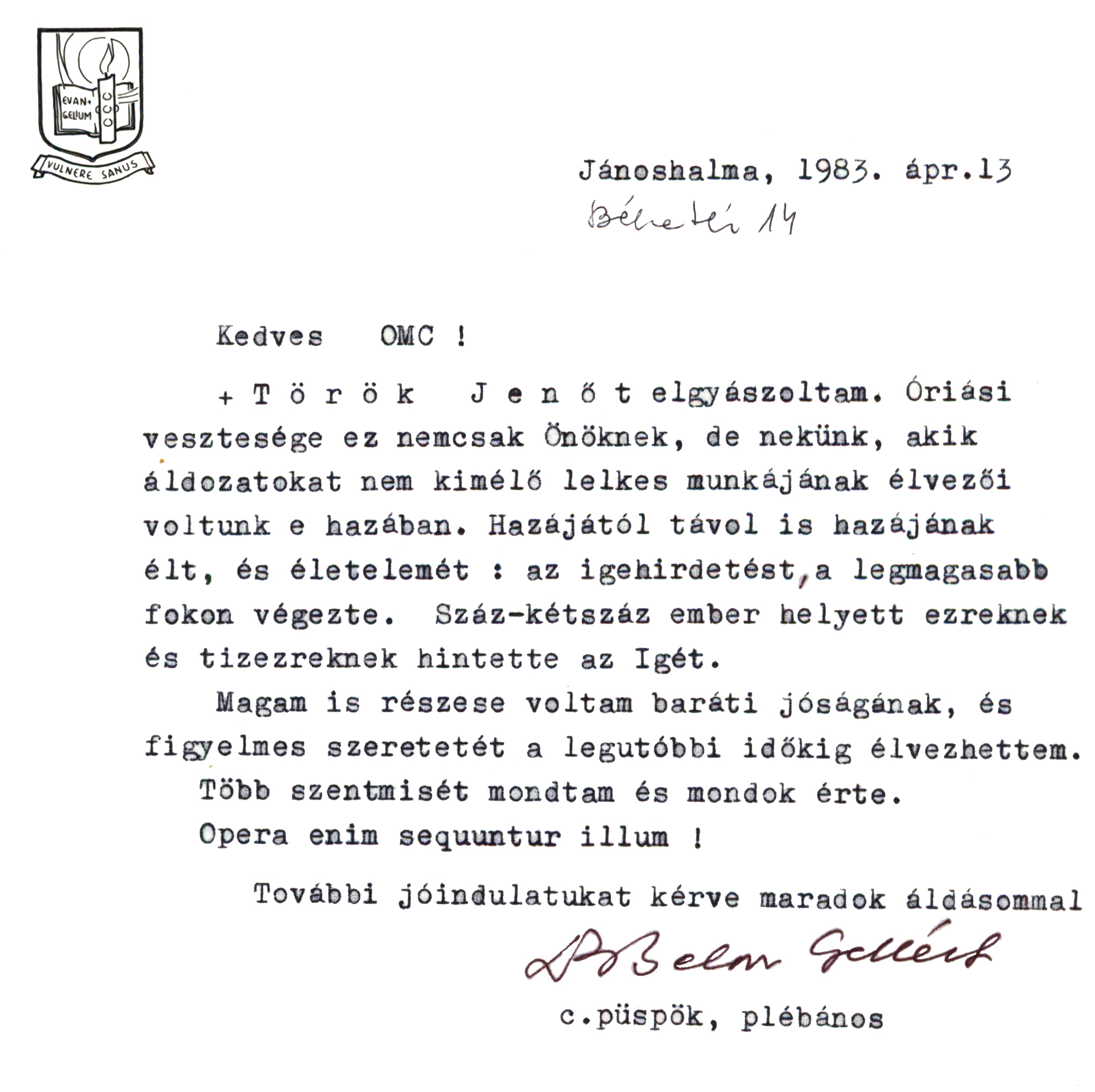 Belon Gellért püspök levele Török Jenő halálára